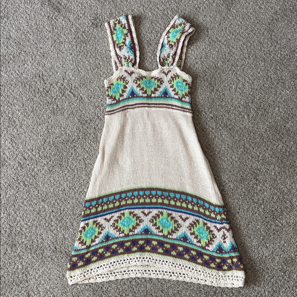 Free People Cream Knit Mini Dress with Green and Brown Accents